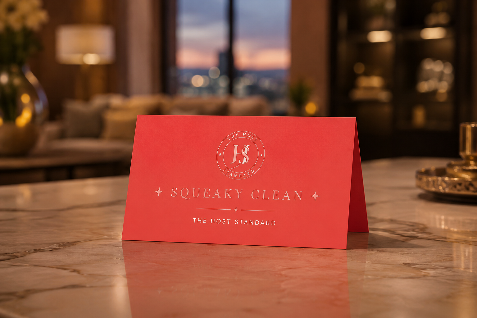The Host Standard Squeaky Clean tent card on a marble table in a luxury Airbnb