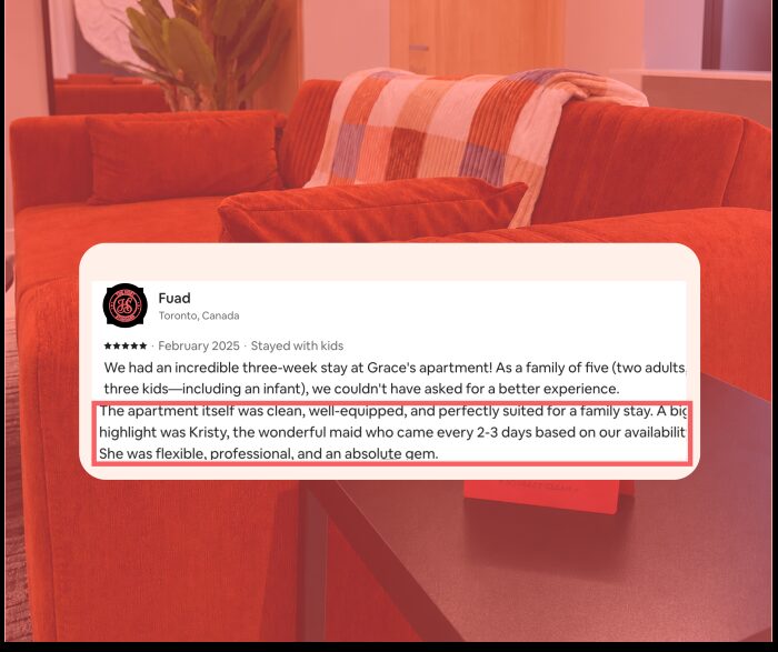 Five-star Airbnb guest review praising cleanliness